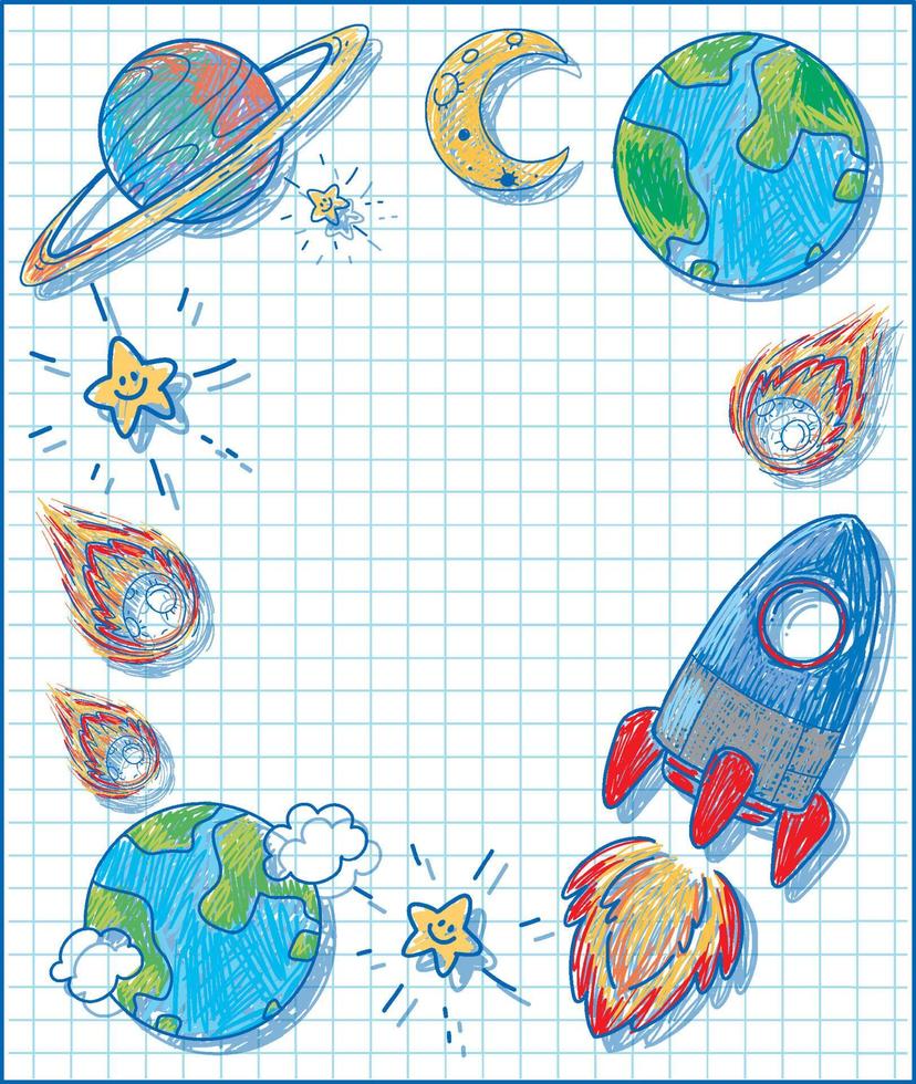 Spaceship hand drawn coloured crayon background template vector