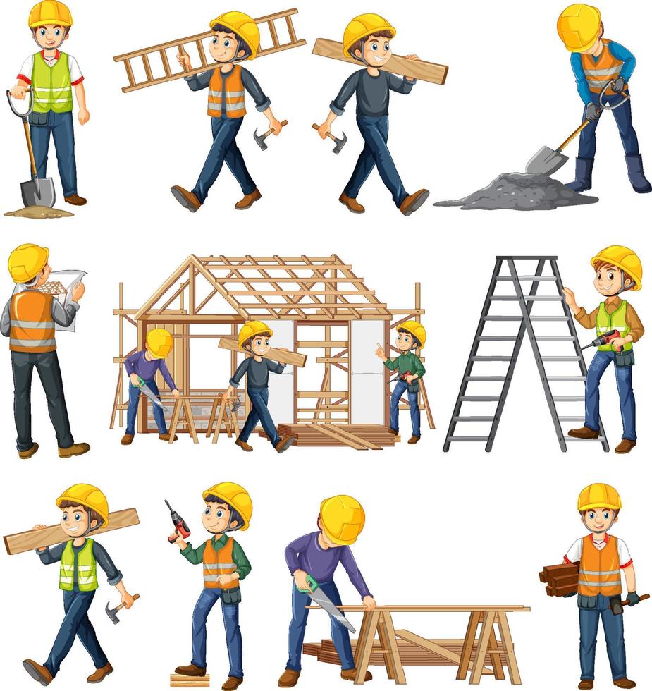 Set of construction site objects and workers vector