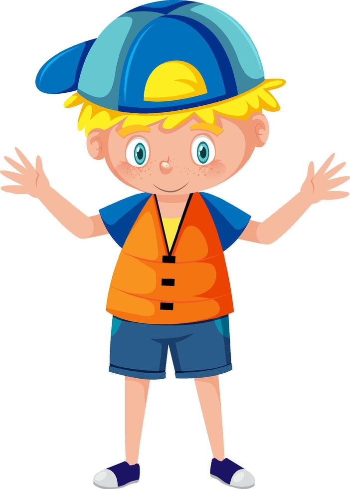 Little boy wearing orange life jacket in cartoon style vector