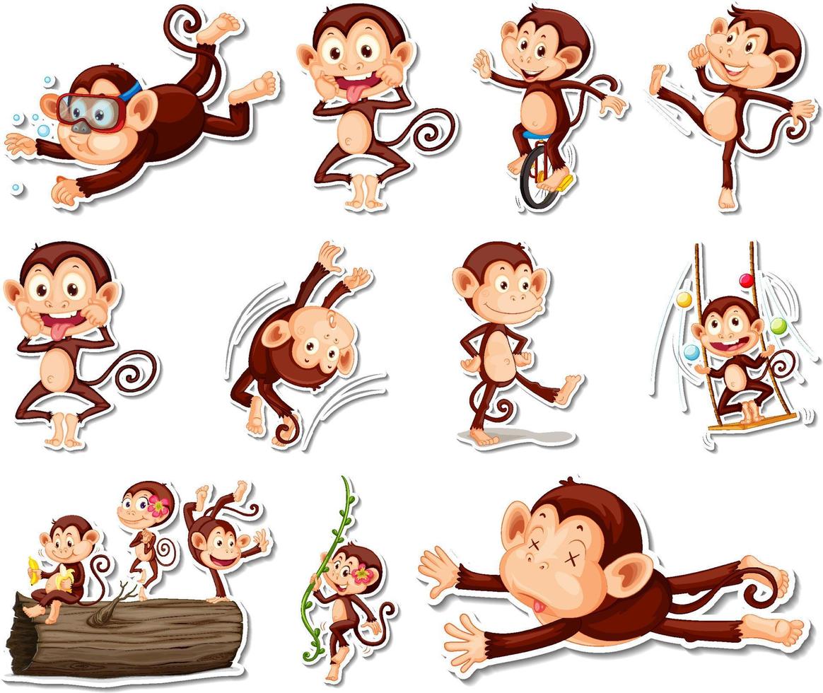 Sticker set of funny monkey cartoon characters vector