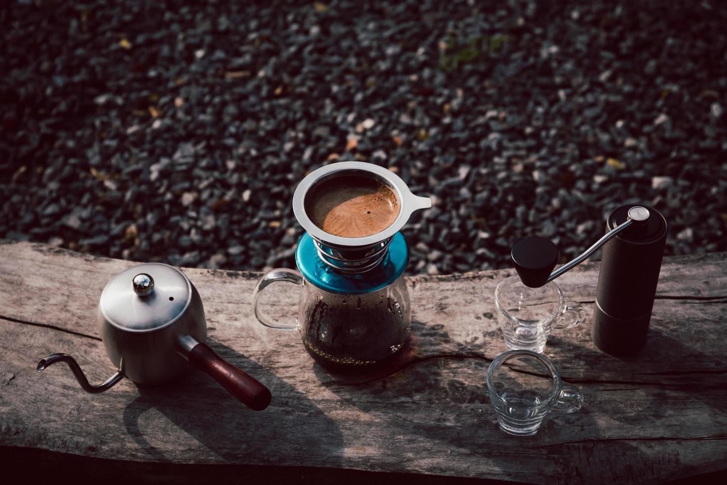 Dripping coffee outdoor at nature park Top view. photo