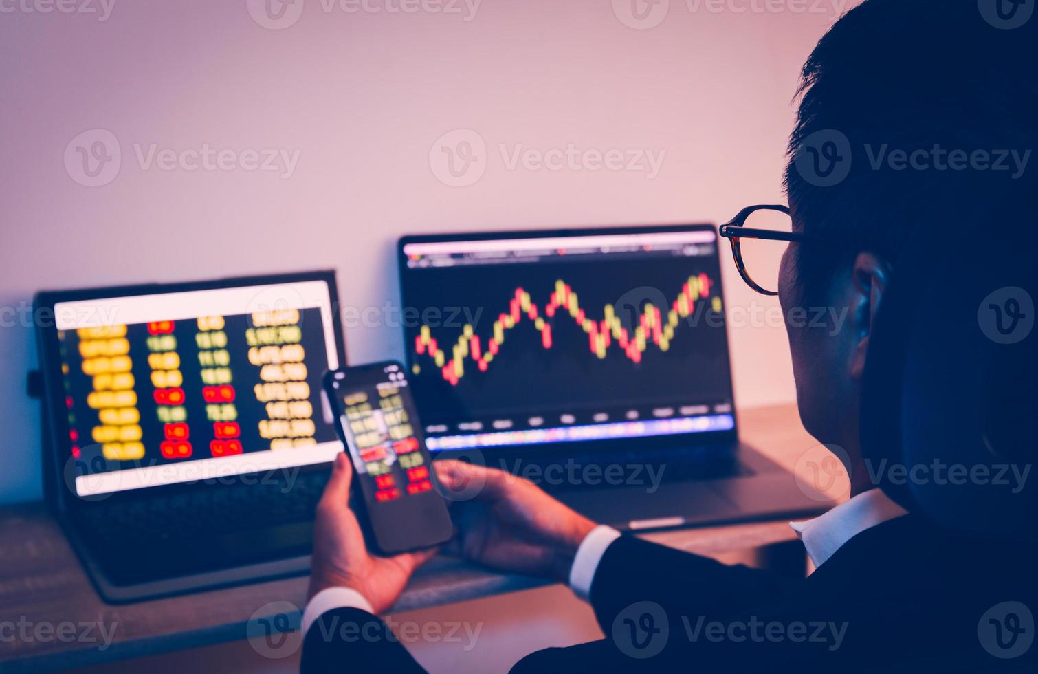 Businessman using cell phone with statistic graph of stock market analysis on laptop screen and technology. photo