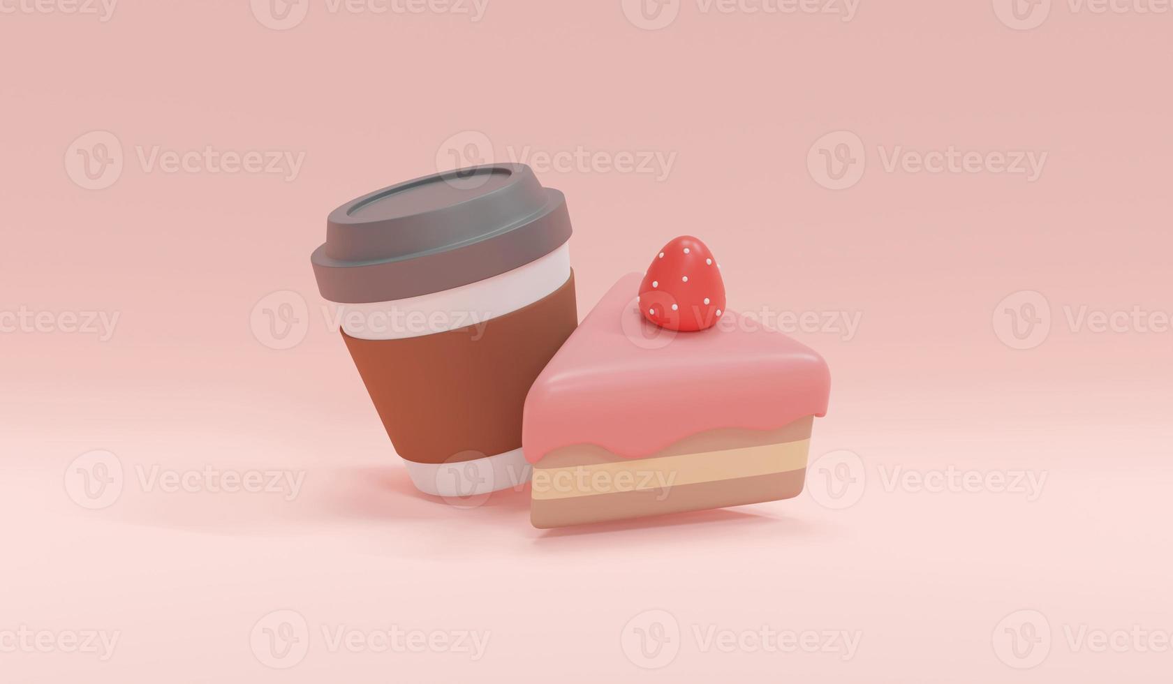 3d Rendering concept of food, American snack. A cup of coffee with strawberry cakr on pink background. 3D Render. 3D illustration. Minimal design template. photo