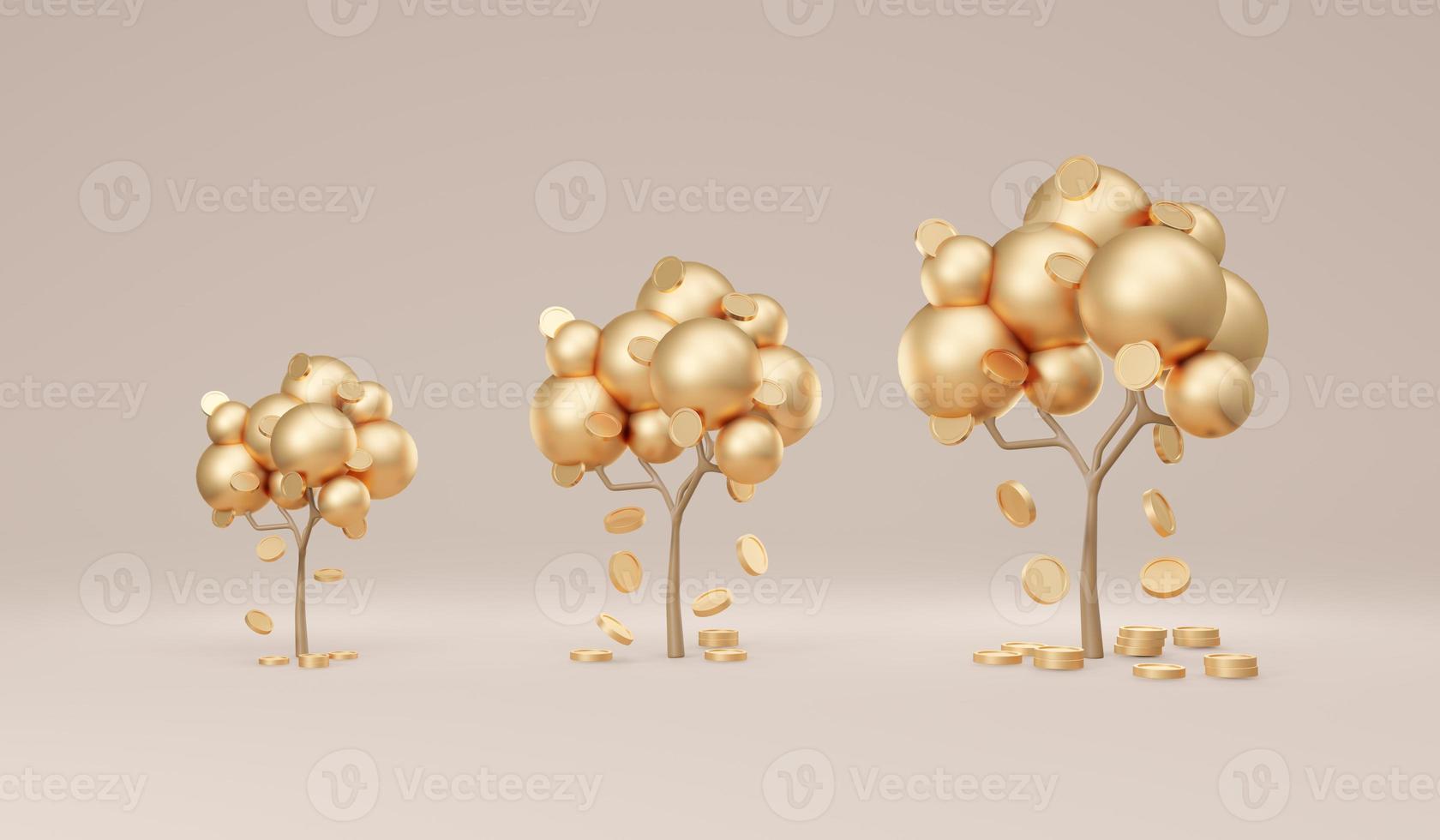 3D Rendering trees with coins falling down from small to big in gold theme on background concept of money tree financial investment. 3D Render illustration. photo