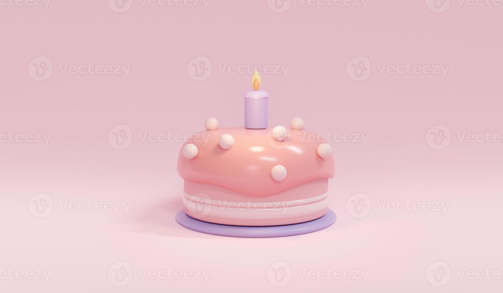 3D Rendering of birthday cake with candle in pastel theme concept of birthday party banner. 3D Render illustration. photo