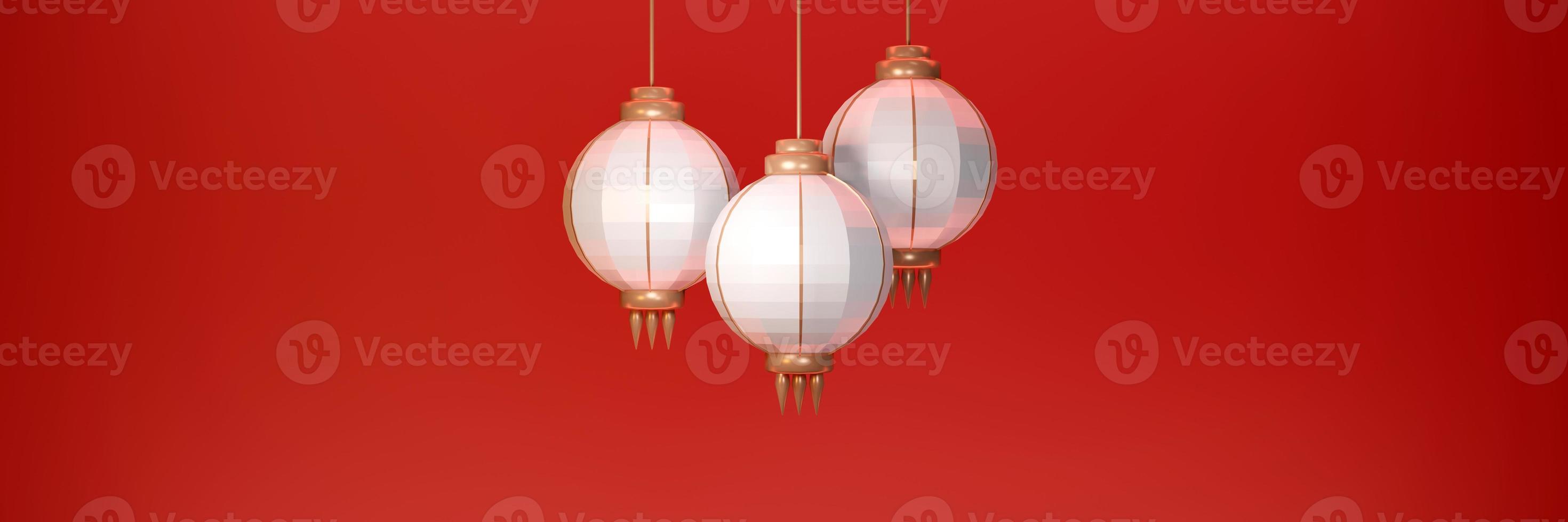 3D Rendering of white Chinese lantern on red background banner with copy space concept of happy Chinese new year. 3D Render illustration. photo