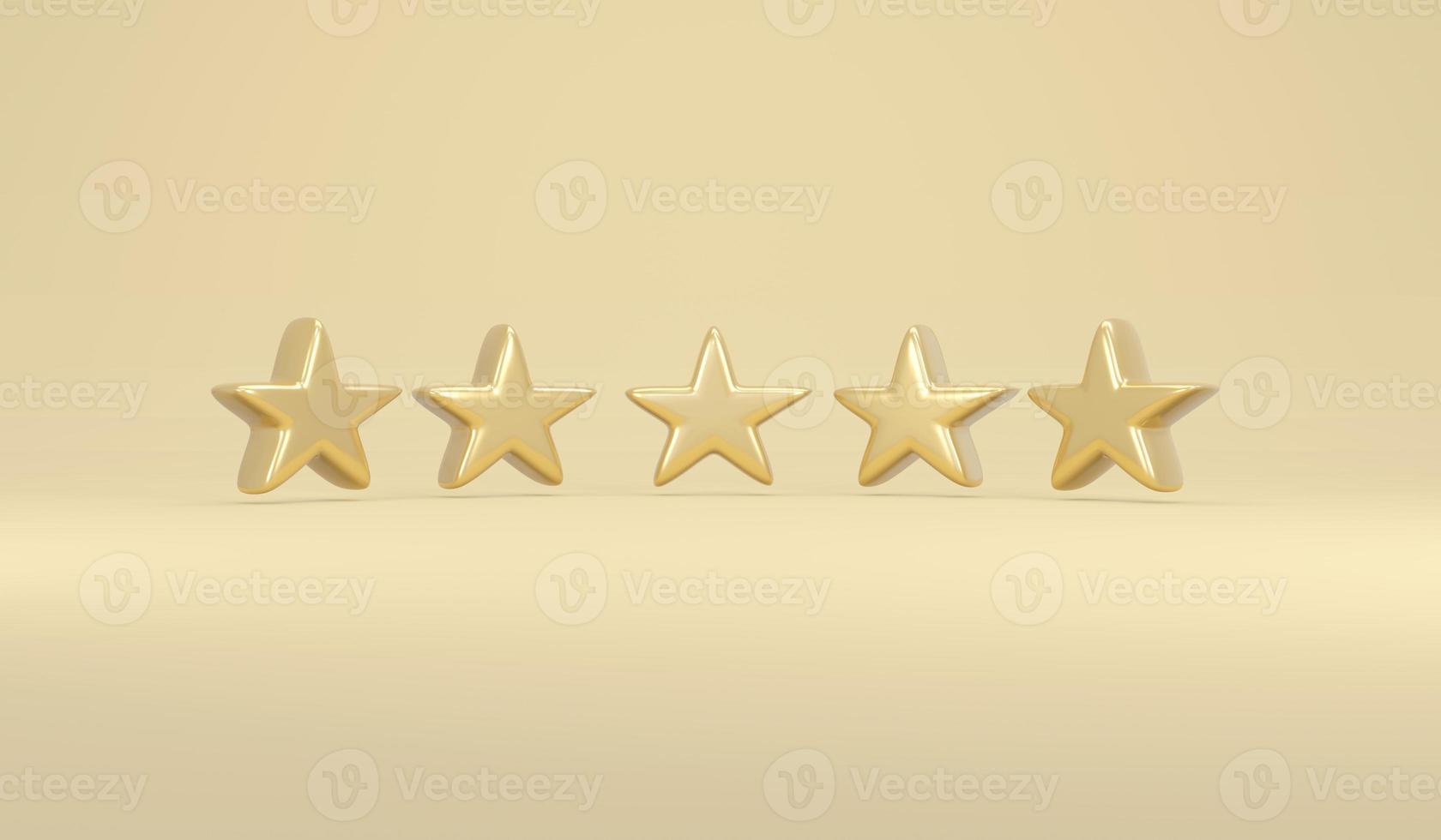 3D Rendering concept of review rating. Five stars in gold on golden background. 3D Render. 3D illustration. Minimal design template. photo