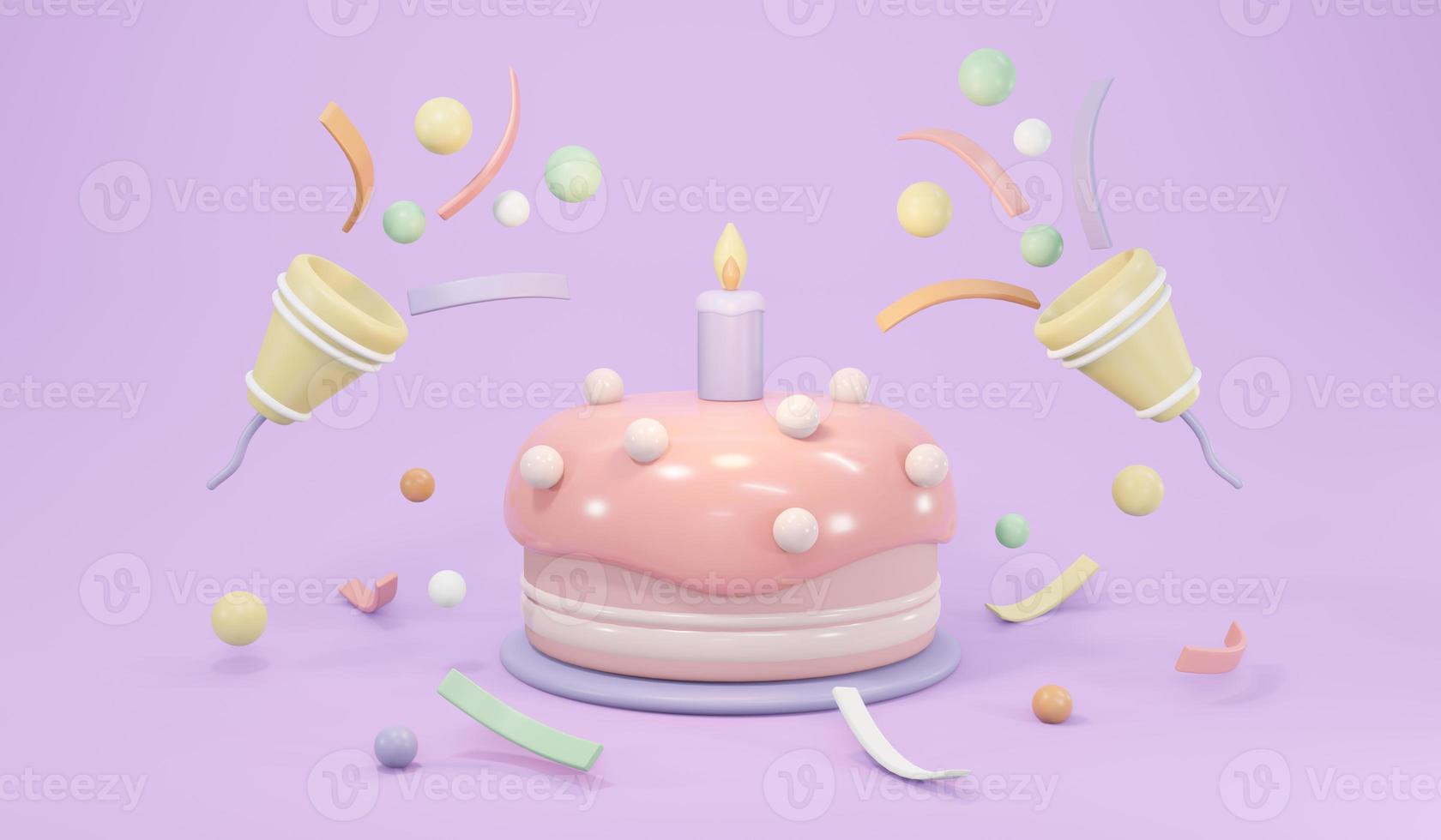 3D Rendering of birthday cake with candle and party popper popping confetti in pastel theme concept of birthday party background. 3D Render illustration. photo