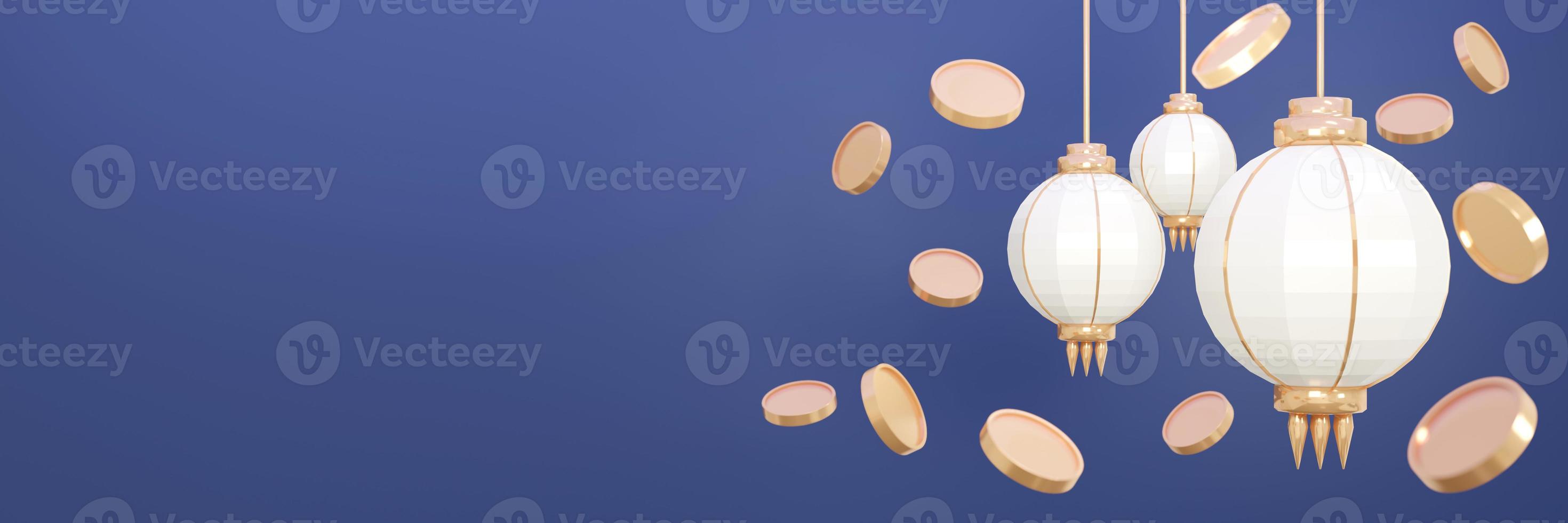 3D Rendering of white Chinese lantern on blue background banner with copy space concept of happy Chinese new year. 3D Render illustration. photo