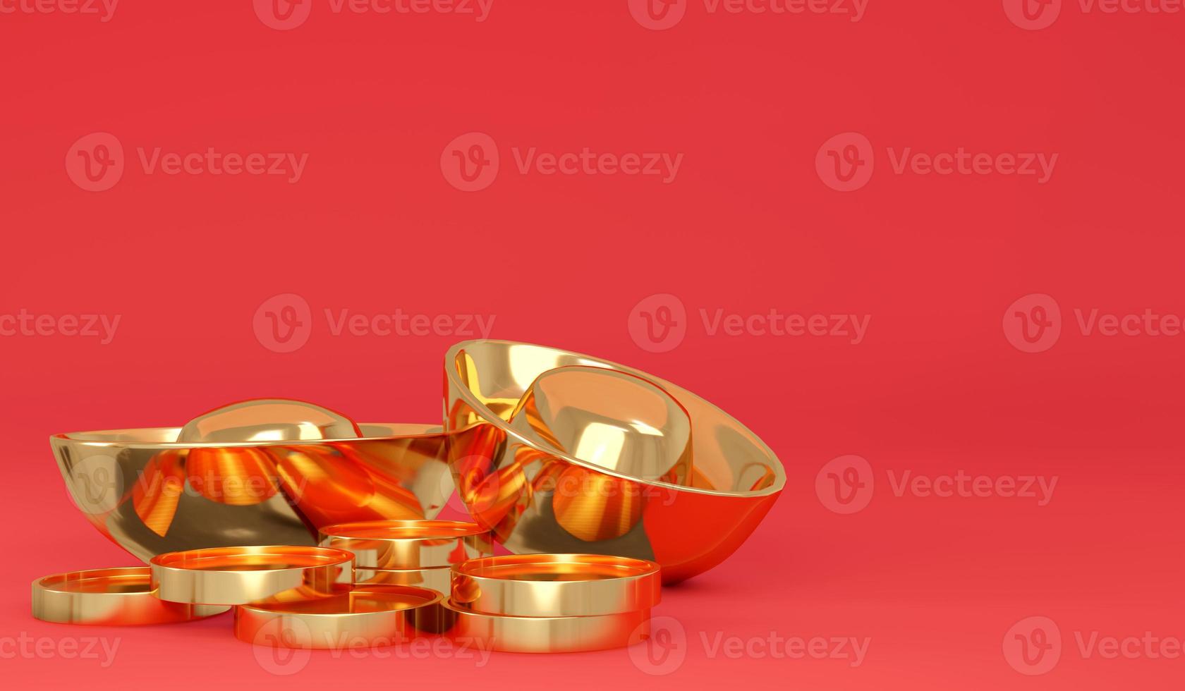 3D Rendering of panorama scene of shiny Chinese gold bars ingot and golden coins and copy space on red background banner. 3D Render illustration. photo