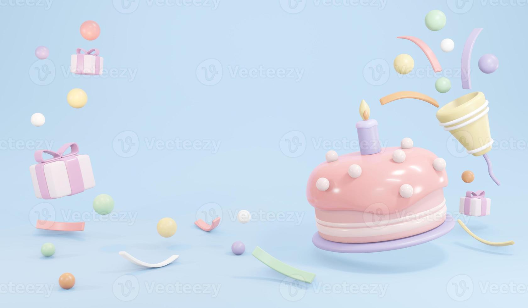 3D Rendering of birthday cake with candle and party popper popping confetti in pastel theme concept of birthday party background. 3D Render illustration. photo