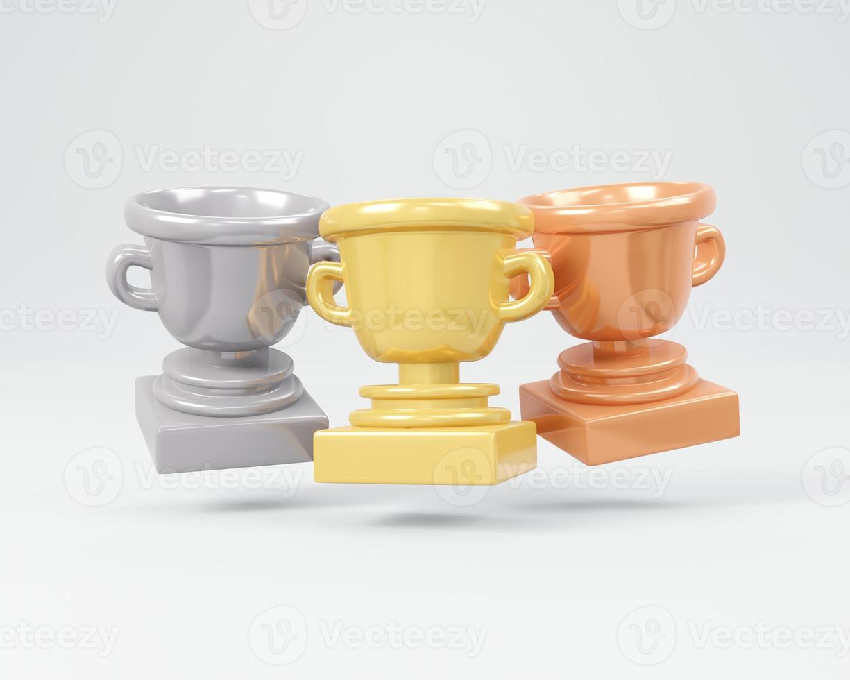 concepto de representación 3d del ganador. conjunto de trofeos en bronce dorado plateado sobre fondo blanco. procesamiento 3d ilustración 3d plantilla de diseño mínimo. foto