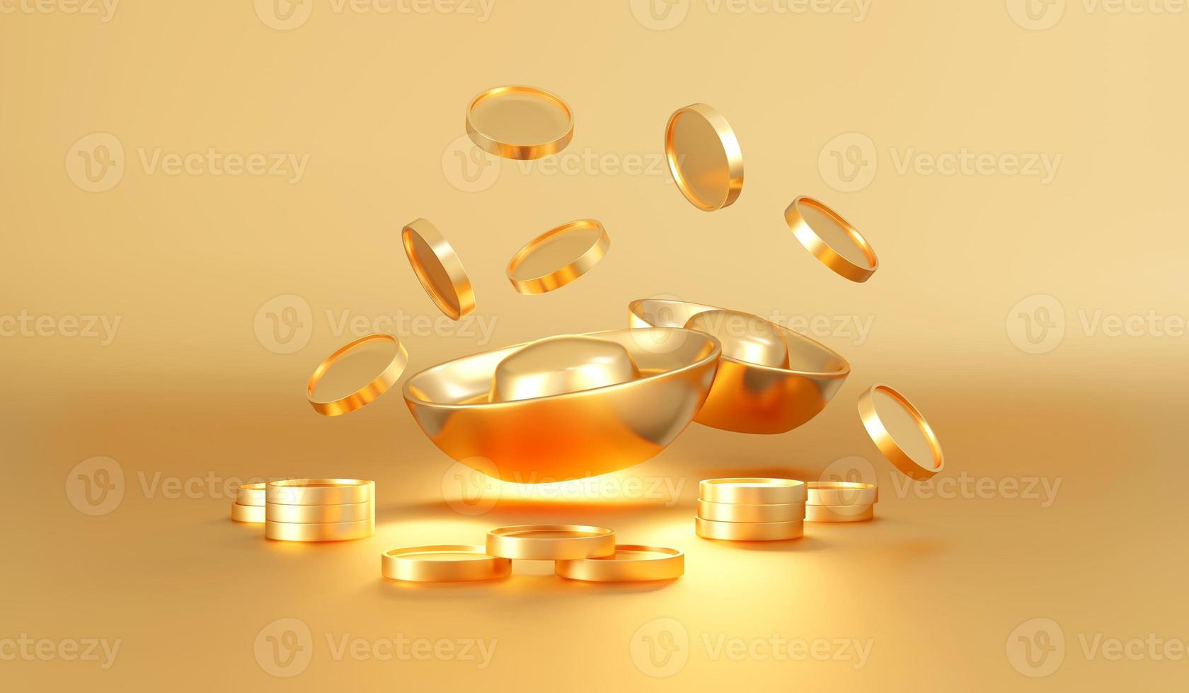 3D Rendering of Chinese gold bars ingot and golden coins on gold background. 3D Render illustration. photo