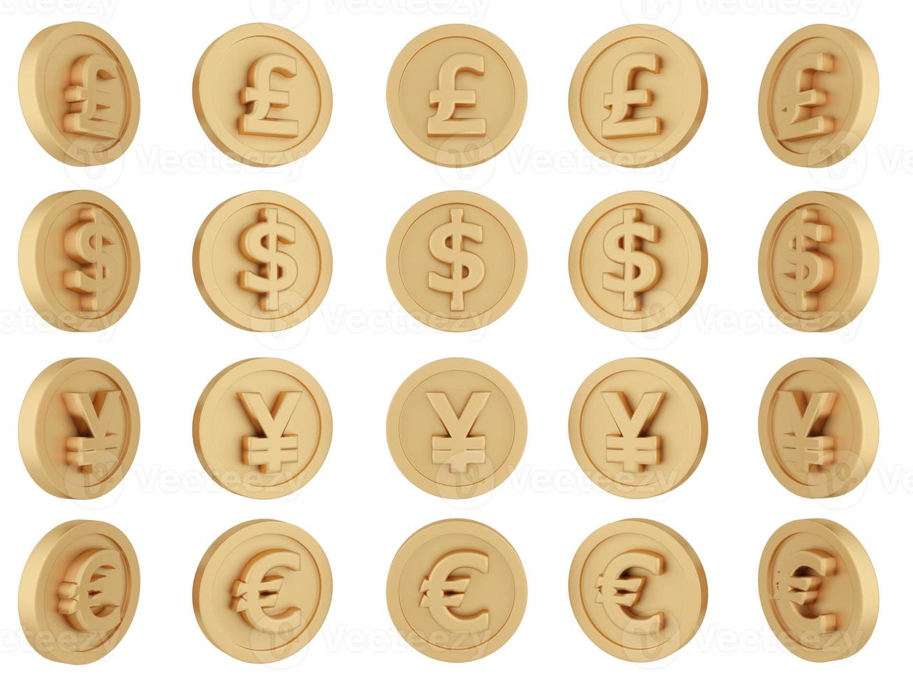 3D Rendering set of spinning gold coins in many views rotate in different angles with currency pound, dollar, yuan, and euro isolated on white background. 3D Render. 3d illustration. photo