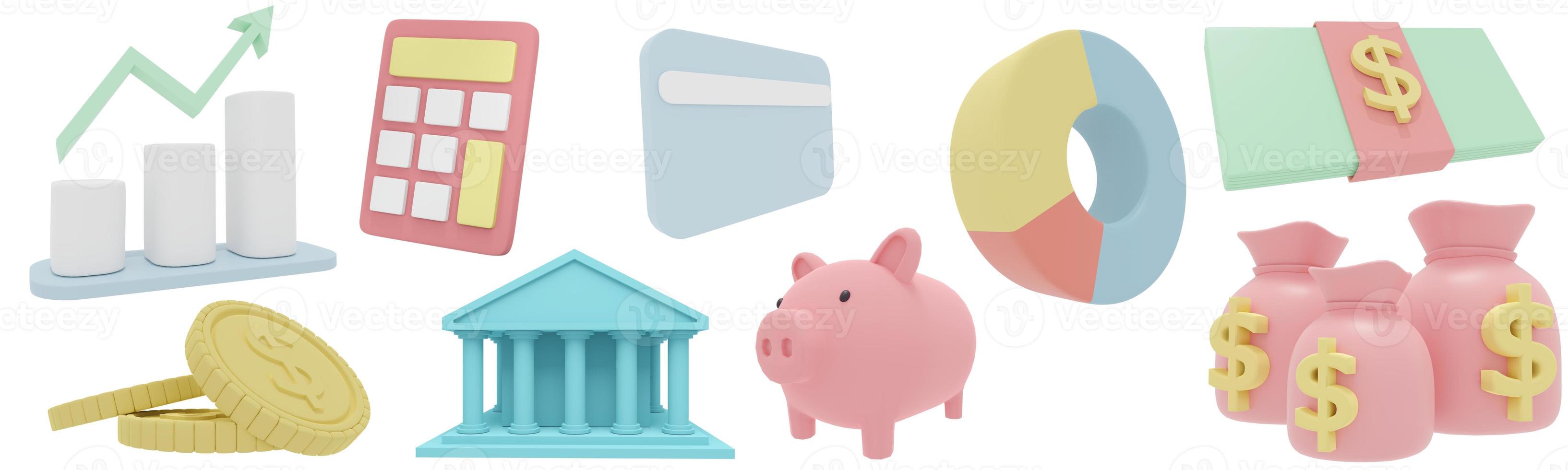 Set of 3D Rendering of minimal pastel money investment elements isolate on white background. 3D Render illustration. photo