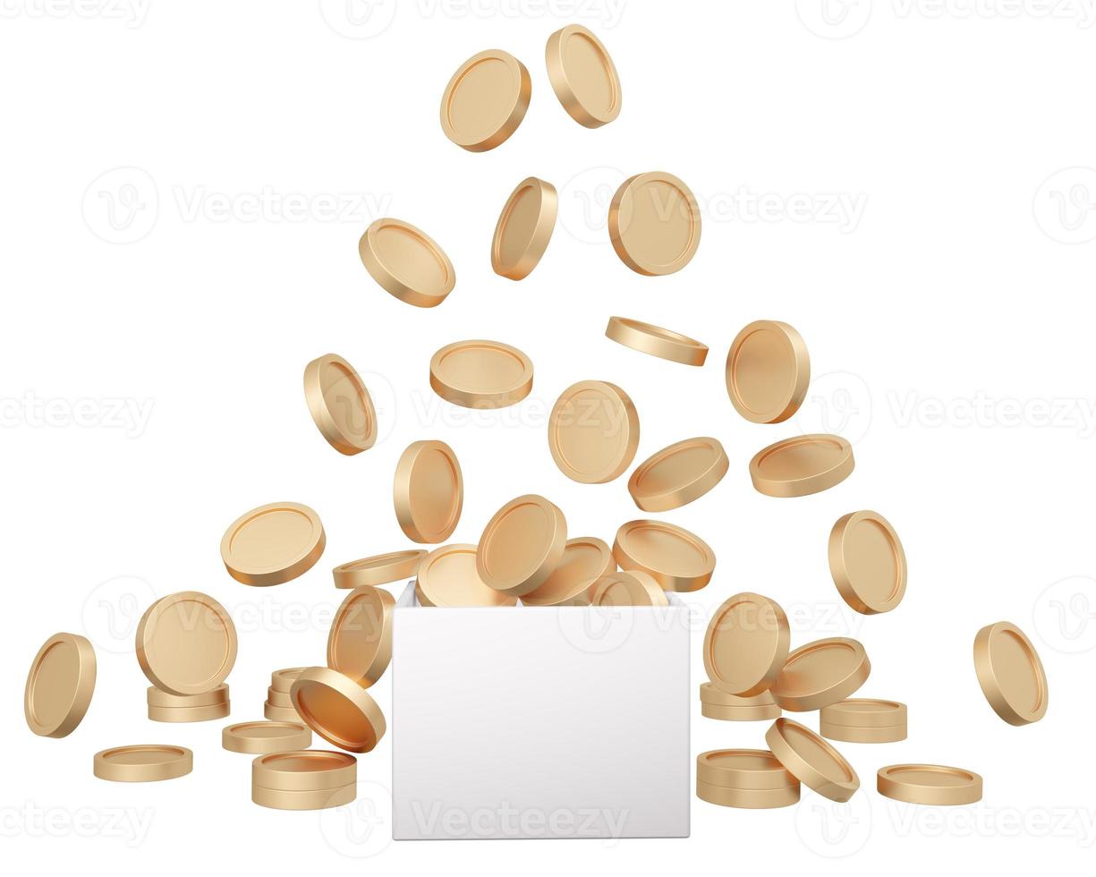 3D Rendering of money coins falling into a box isolated on white background concept of donation, money jar, savings.  3D Render illustration. photo