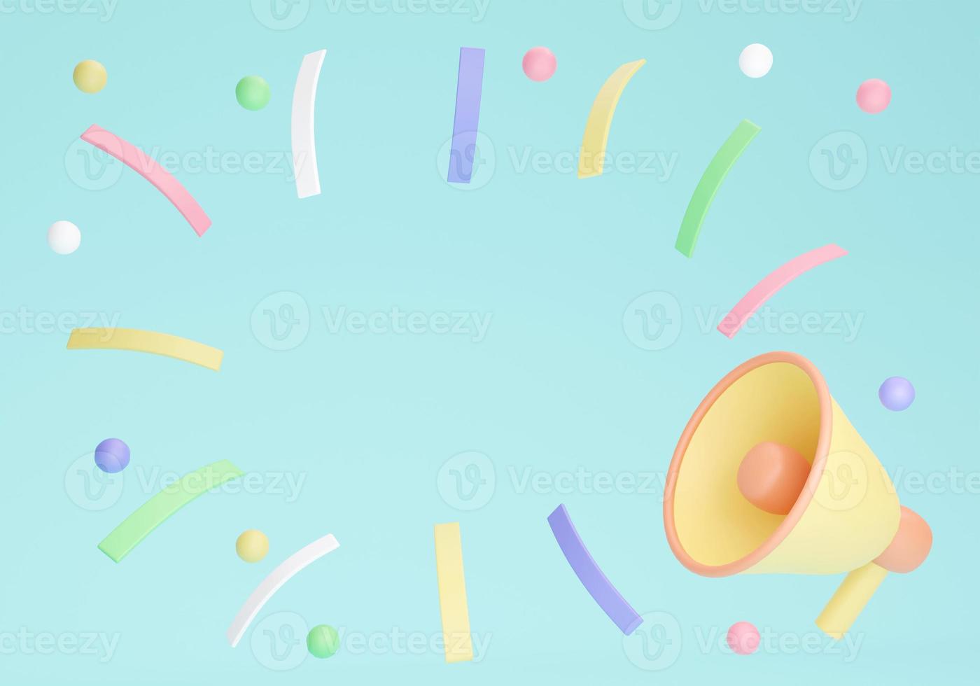 3D rendering of blank space for text with megaphone confetti on background. 3D Render. 3D illustration. photo