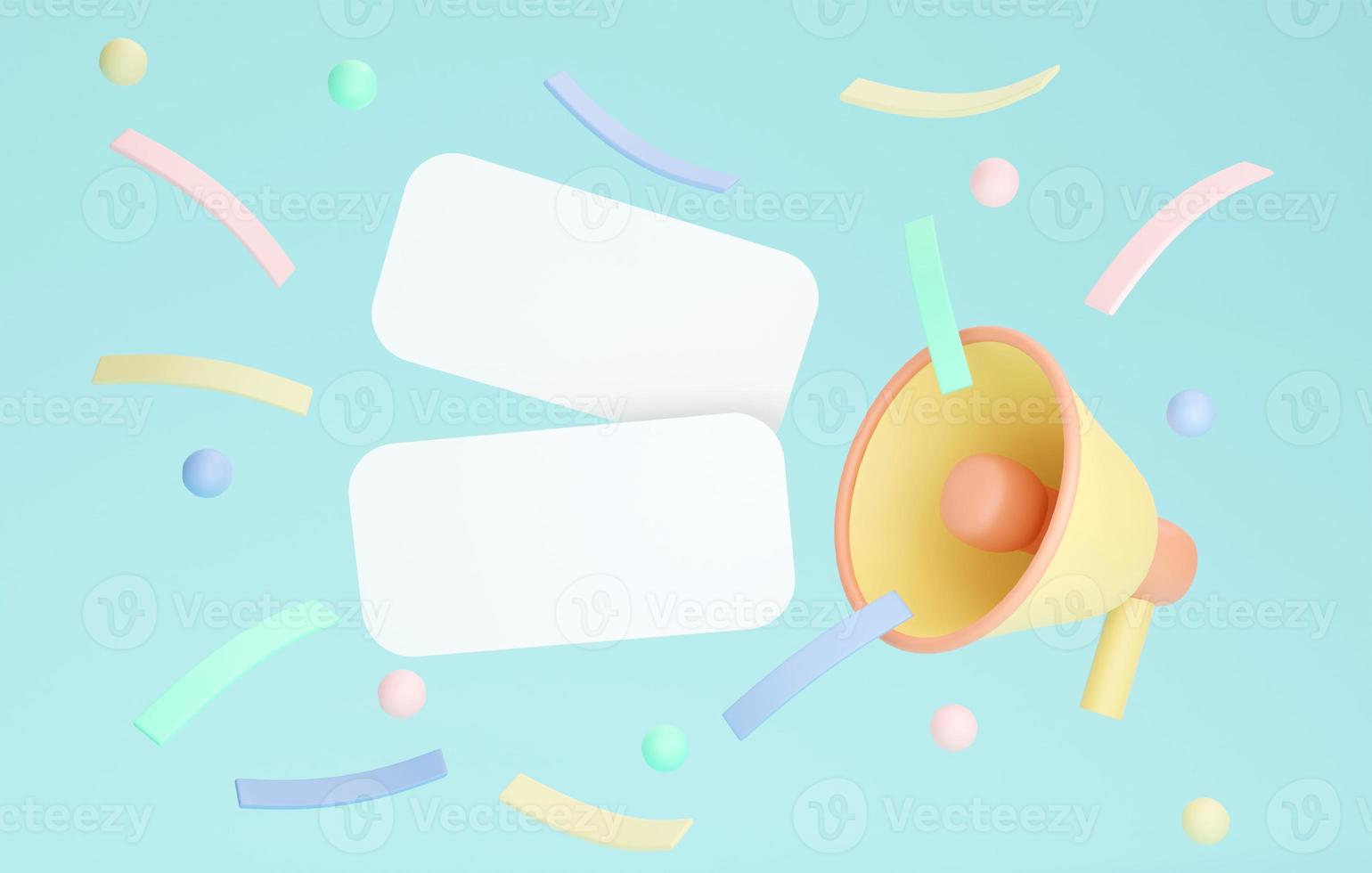 3D rendering of blank paper cards with megaphone confetti on background. 3D Render. 3D illustration. photo