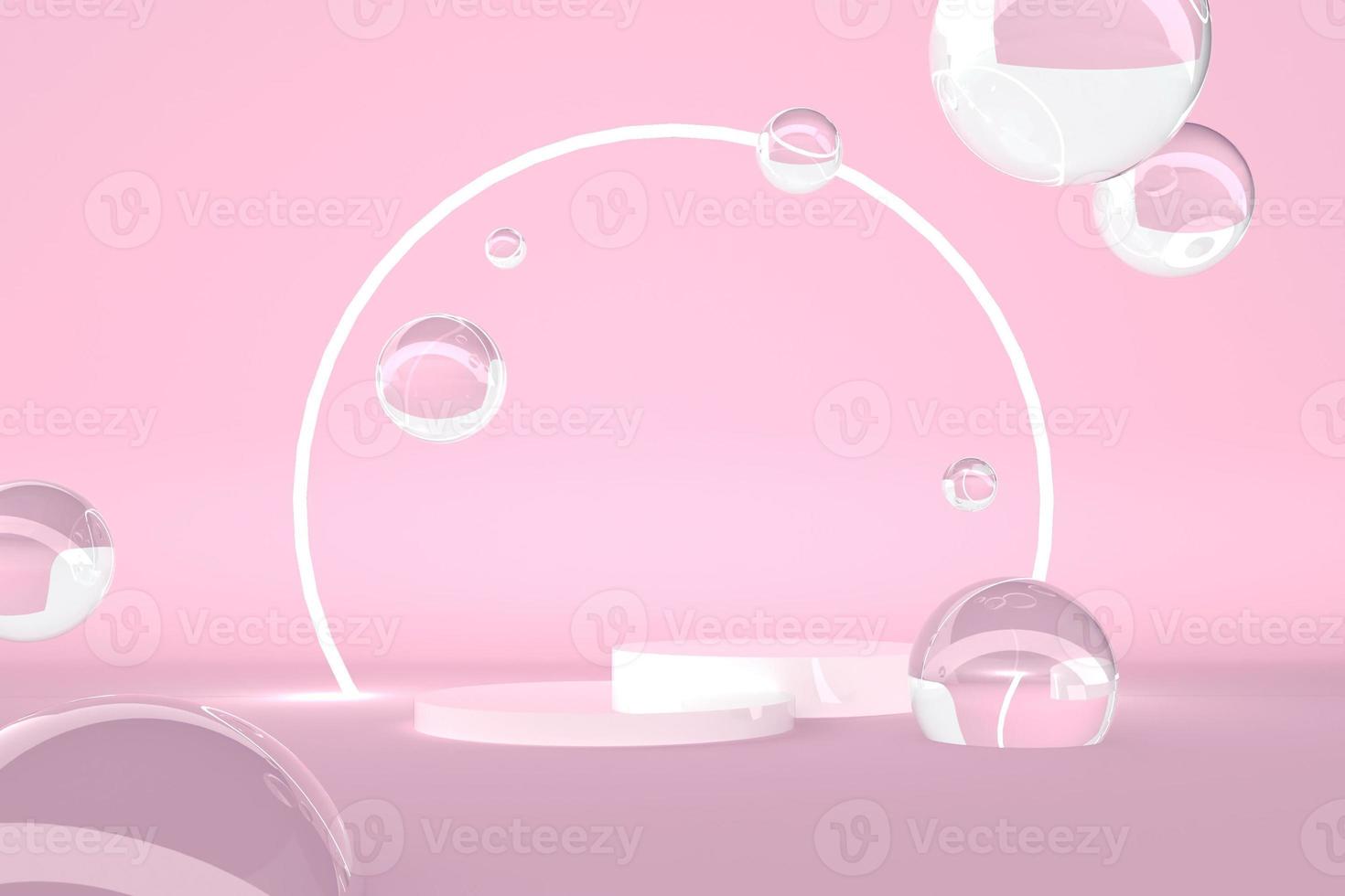 3D Rendering Minimal Two Double Round Podium Stand Stage for Perfume Skincare Cosmetic Product Floating Crystal Glass Water Bubble Ball Glowing Line Pink Blank Space Background Studio Advertisement photo