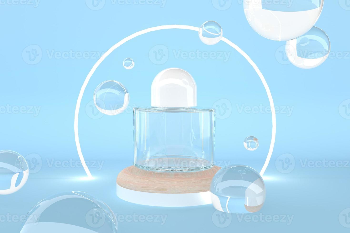 3D Rendering Minimal Perfume Skincare Cosmetic Bottle Wood Round Podium Stand Stage Floating Crystal Glass Water Bubble Ball Glowing Line Blue Blank Space Background Studio Advertisement for Product photo