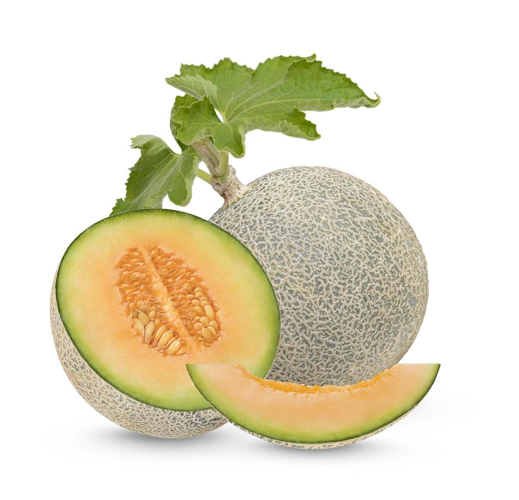 Cantaloupe with separate leaves on a white background photo