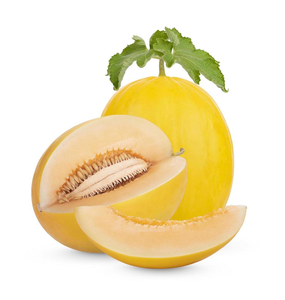 Cantaloupe with separate leaves on a white background photo