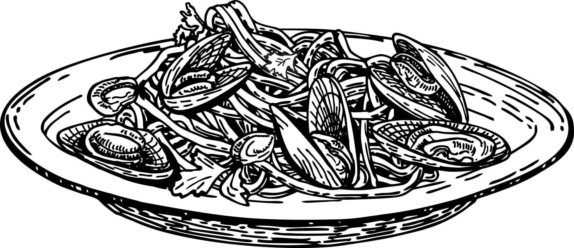 pasta en un plato plato de pasta dibujado a mano. estilo de boceto cocina italiana vector