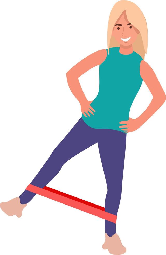 Woman exercising with a resistance band.  Workout with a resistance loop. Lady working on her leg muscles. Sports at home. Fitness exercises. Self-isolation. Vector flat style illustration on fitness