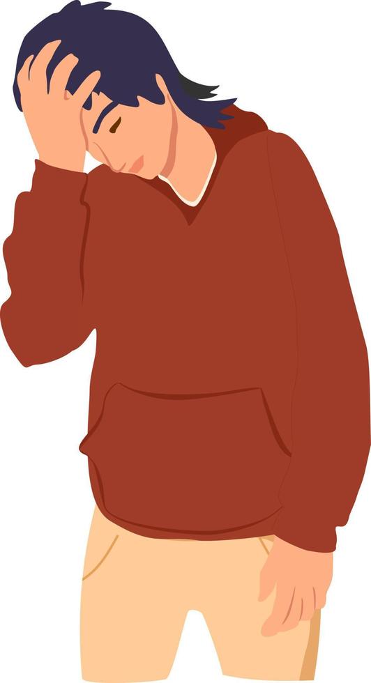 worried young man stands holding his head with his hand. cartoon flat vector