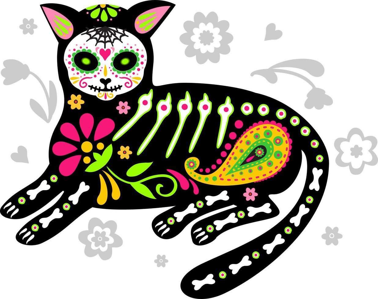 Greeting card with cat, skeleton with floral patterns. Colorful cats. Vector illustration