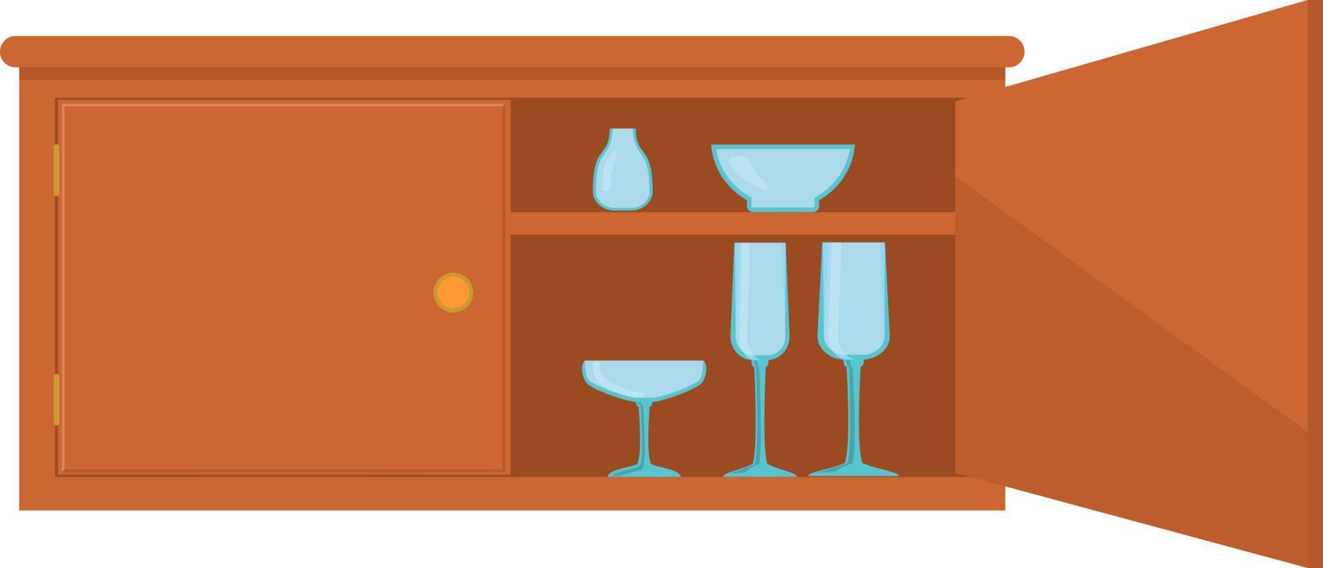 Cupboard vector illustration. Wardrobe with a slightly open door and dishes on the shelves