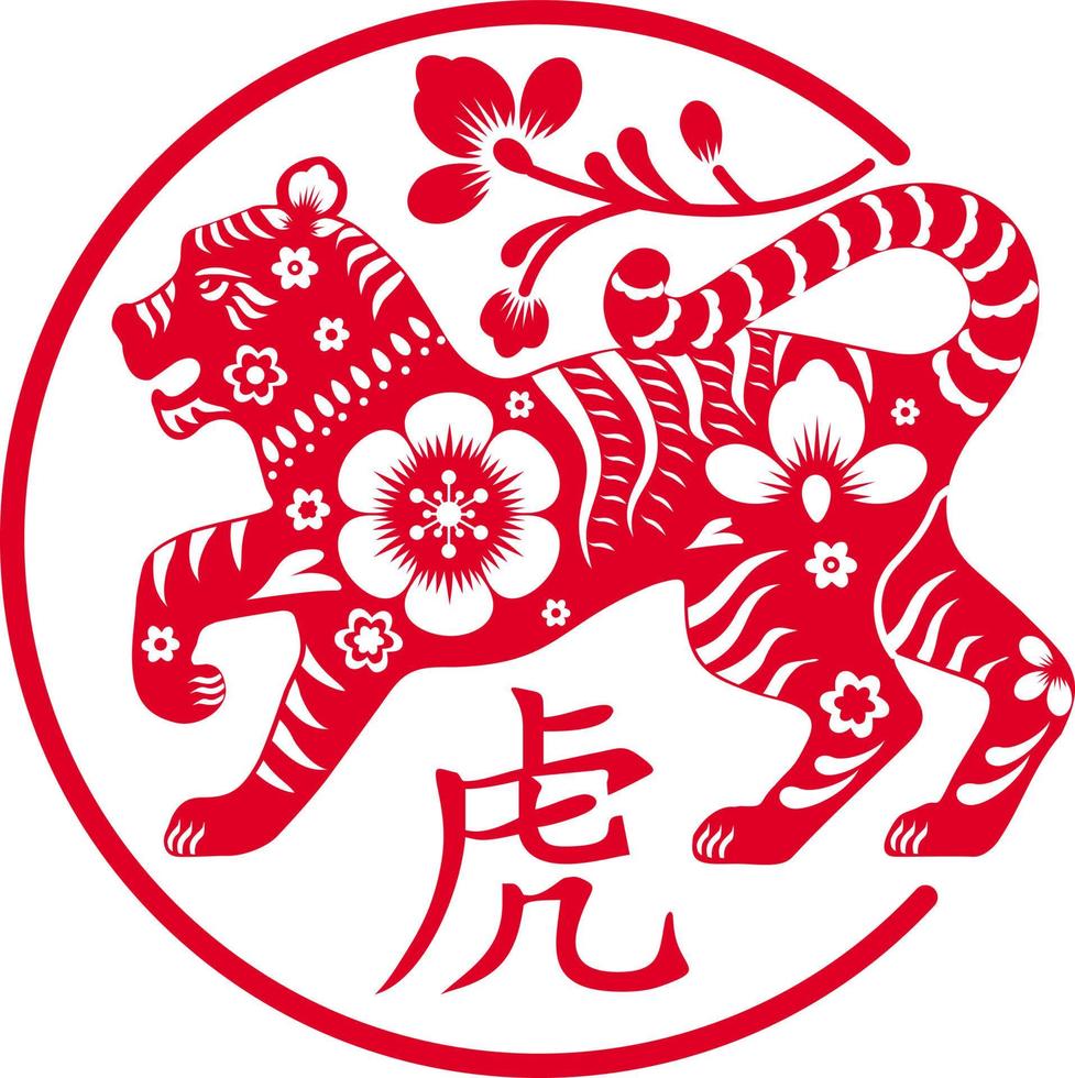 Tiger is a symbol of the 2022 Chinese New Year. Holiday vector illustration of decorative red Zodiac Sign of Tiger. Asian elements paper cut