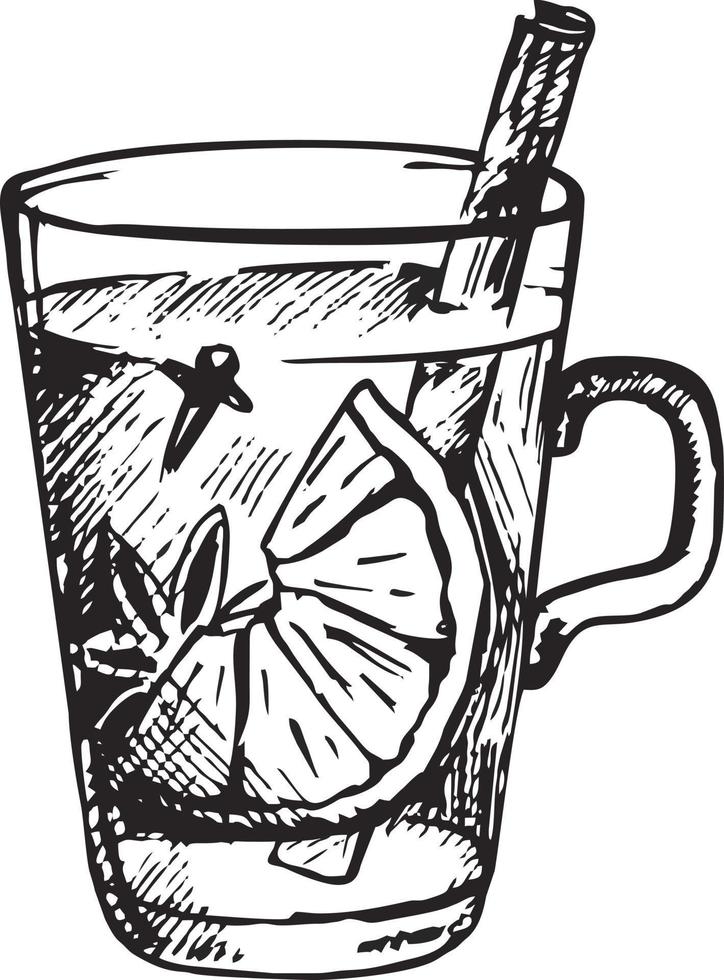 Hot grog cocktail. Hand-drawn sketch style Christmas winter or autumn warm drink in a coupe glass vector