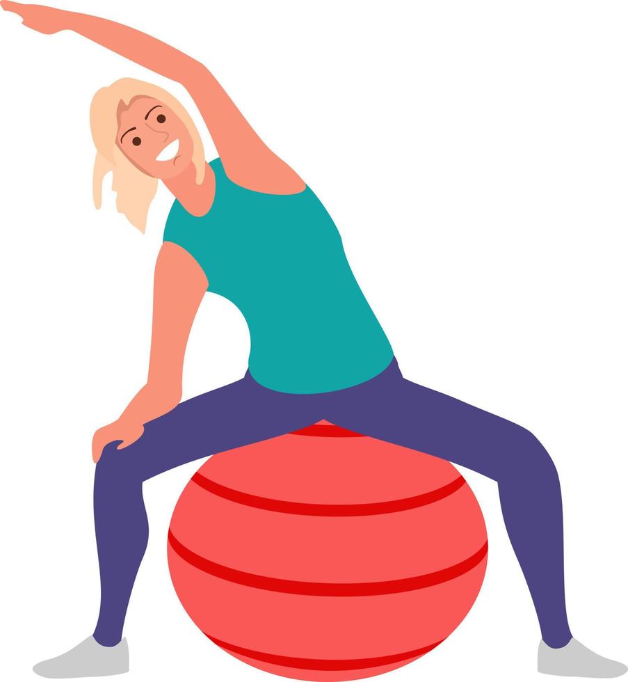 Woman doing fitness exercise at home. Young girl is engaged in pilates with a ball. Slim lady dressed in a sportive uniform in a flat style doing sports. Vector images of exercises with the ball.