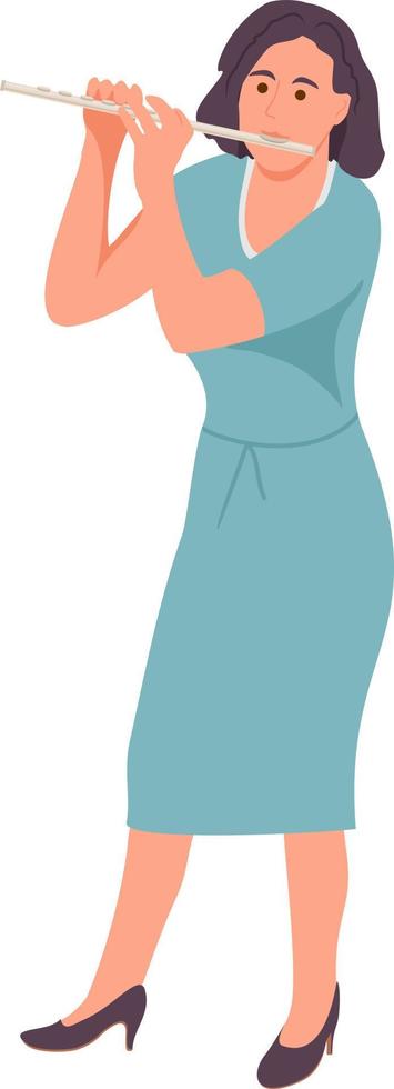 Woman playing the flute. Girl playing wind musical instrument. Woman with flute practicing or studying. Flutist lady giving performance or having rest vector