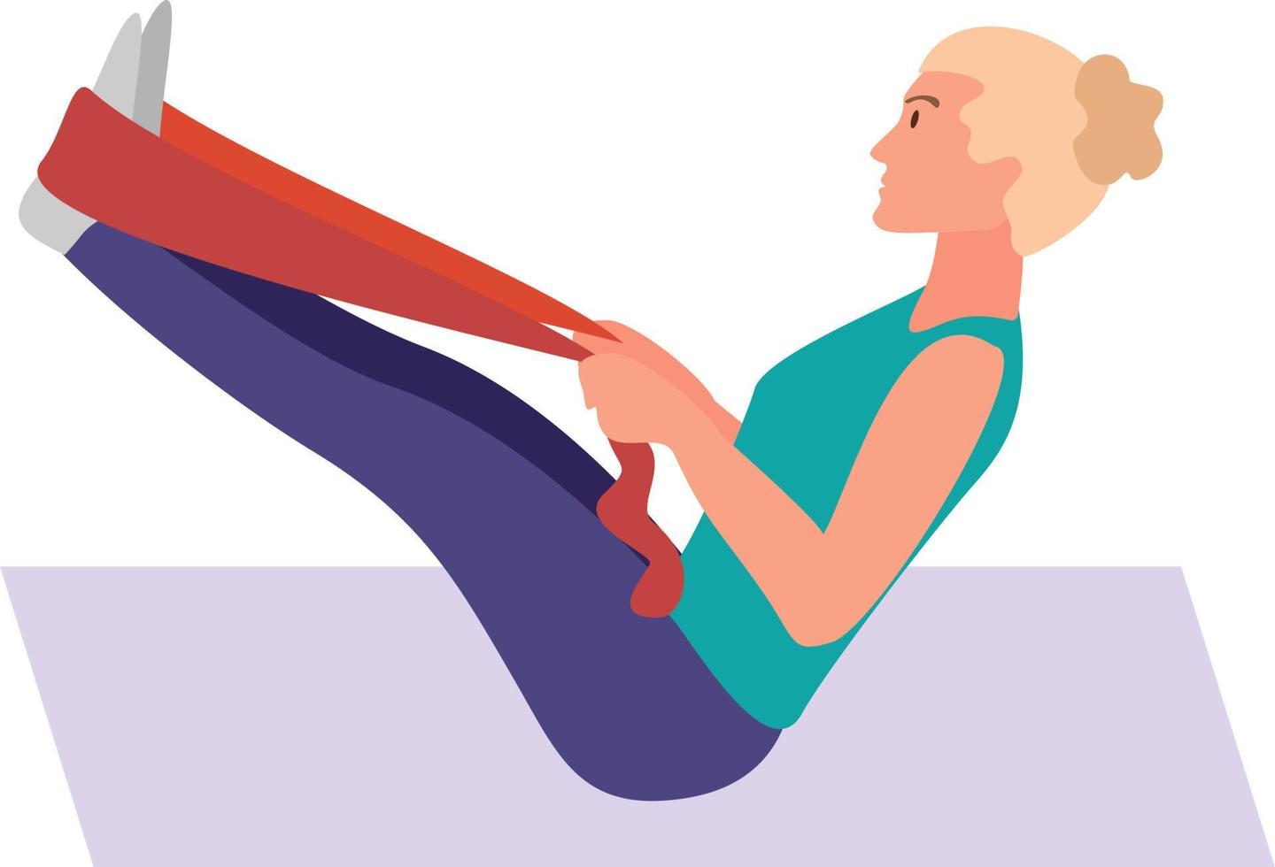Young woman practices resistance exercises at home with resistance band. Woman does not miss training while at home in self-isolation.  Sports at home. Fitness exercises. Vector illustration