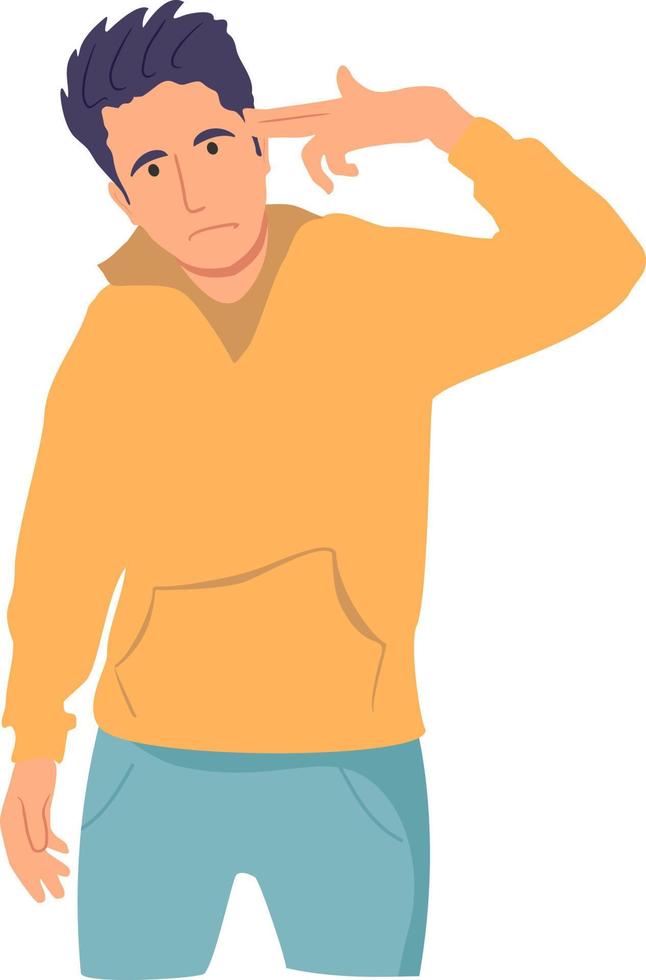 Man put an imaginary gun to his head. Boy shoot his head by hand. Shooting fingers symbol. Gun finger vector illustration hand gesture sign. Depression, stress