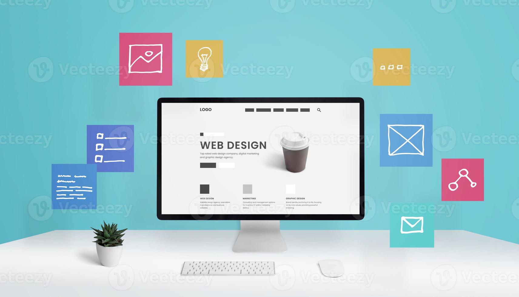 diseño de sitios web, concepto de agencia de publicidad digital con pantalla de computadora y concepto de elementos de diseño de página web voladora foto