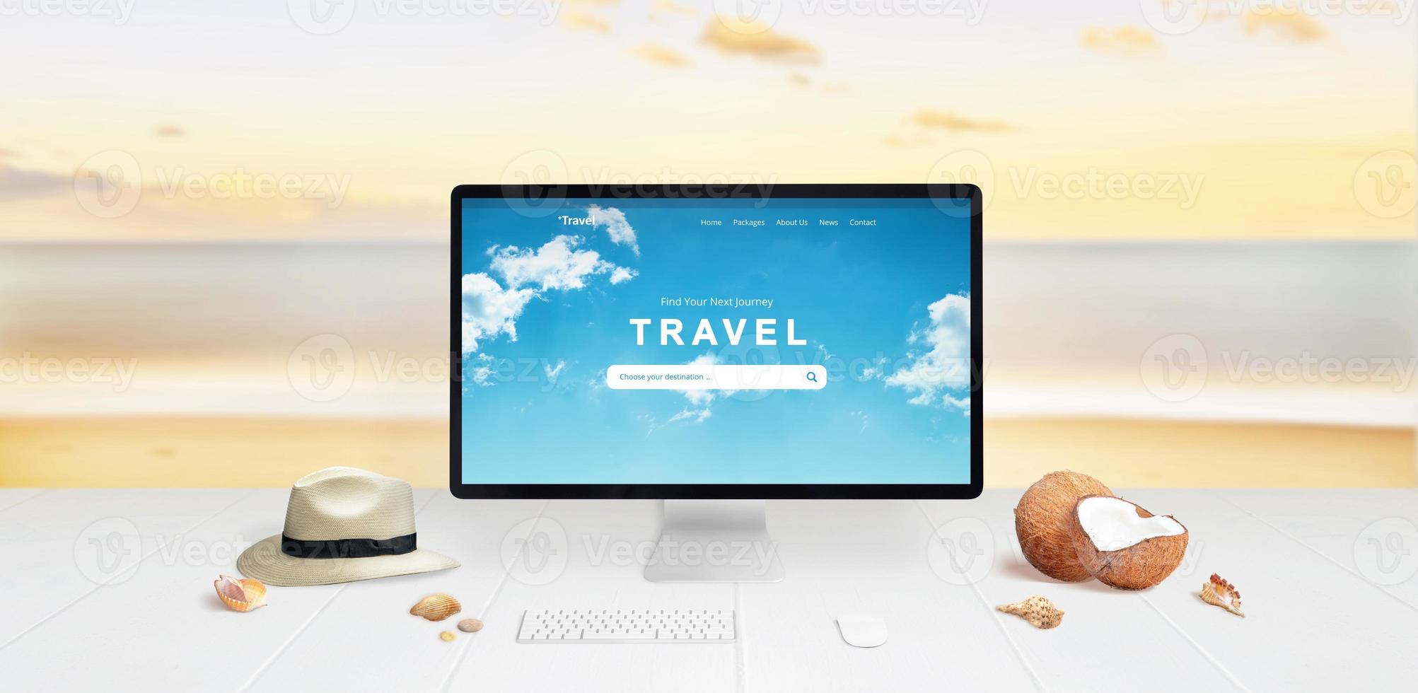 Search for summer travel destinations online concept. Computer display on desk with sea and beach in background. Travel concept photo