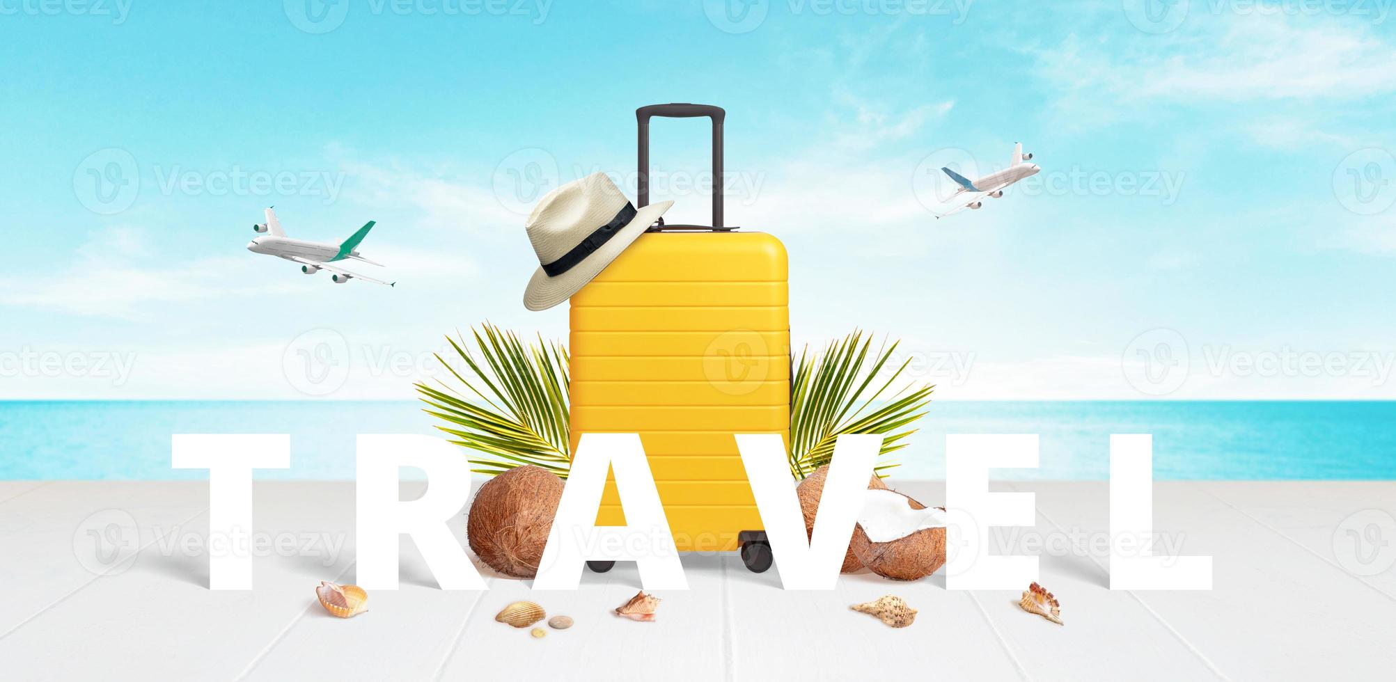 Travel yellow suitcase on the beach surrounded by travel text, coconuts, hat, palm leaves and shells. Planes in the sky. Travel concept. photo
