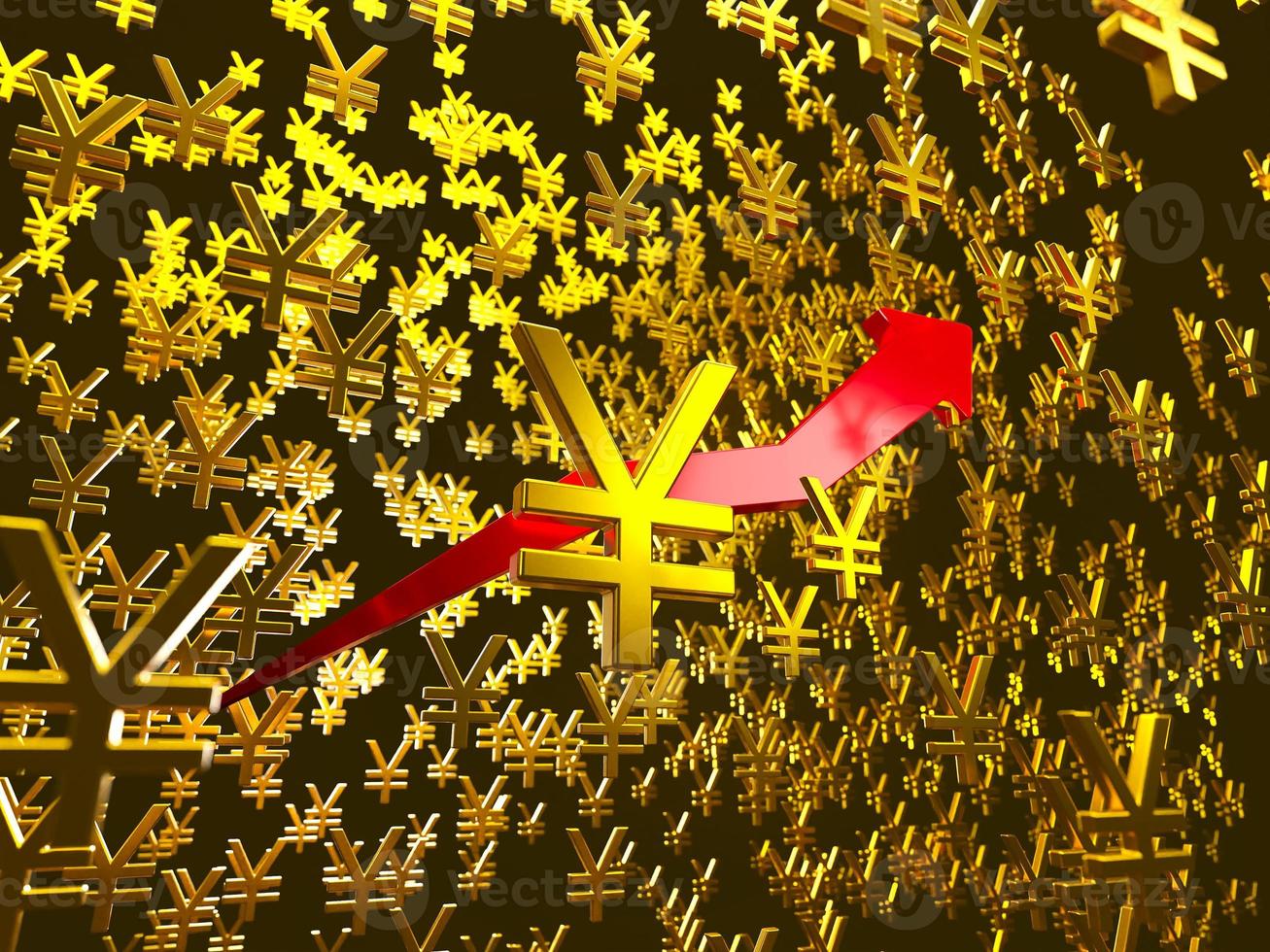 Japanese yen symbol with arrow up, abstract blury background. 3D rendering photo