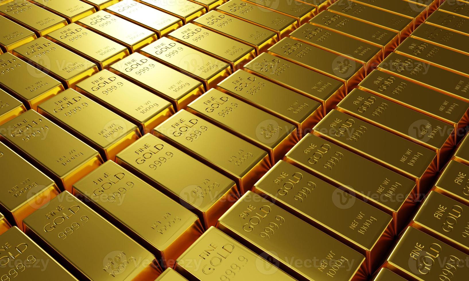 Gold bars arranged in a row reflecting light photo