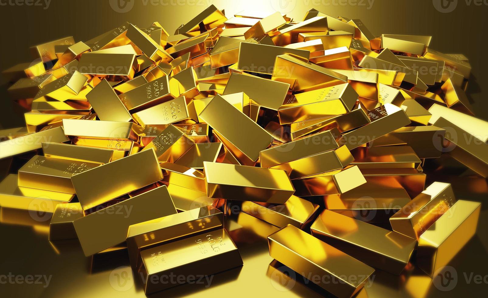 a large pile of gold bars in a row reflecting light. photo