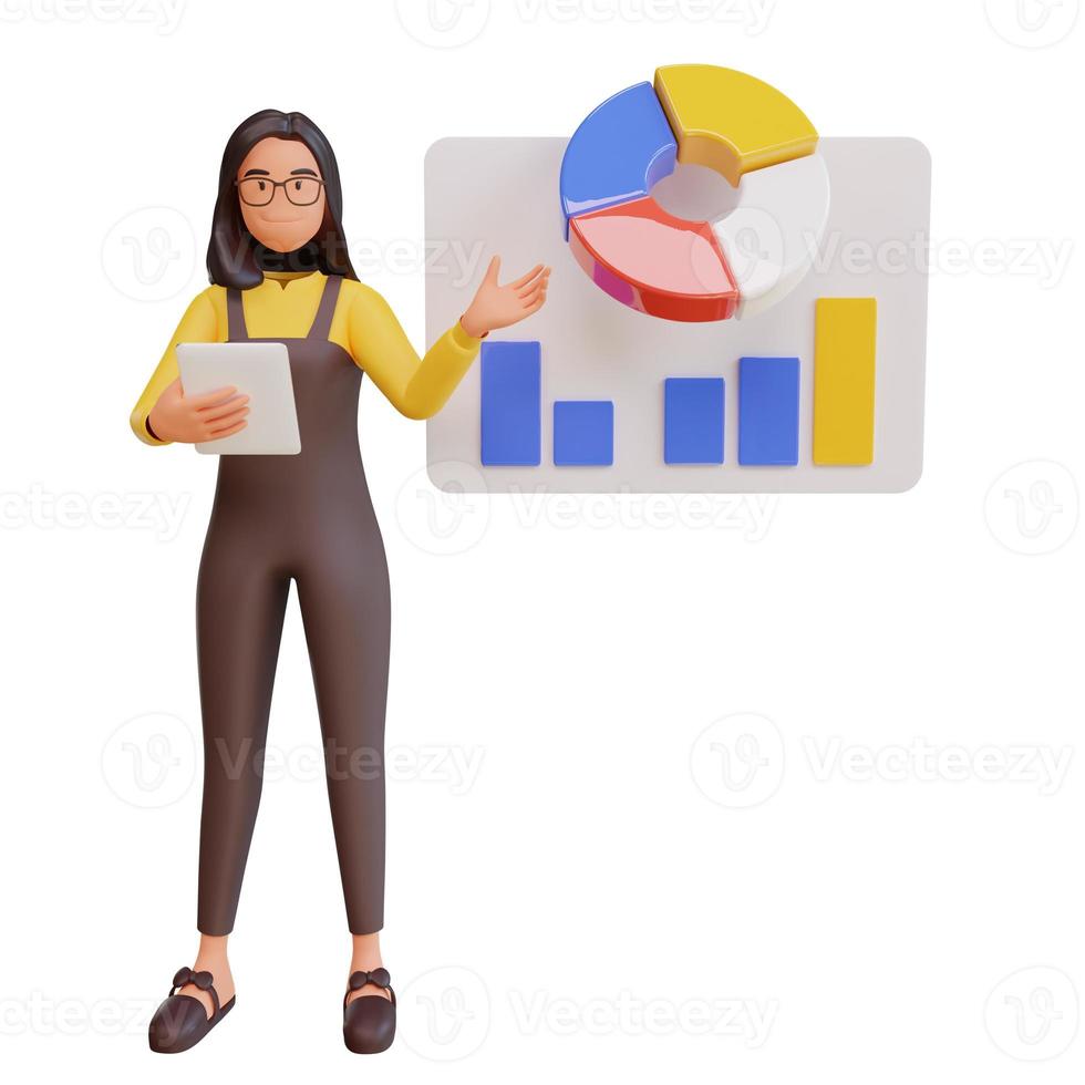 Cute Woman holding tablet and pointing to pie chart photo