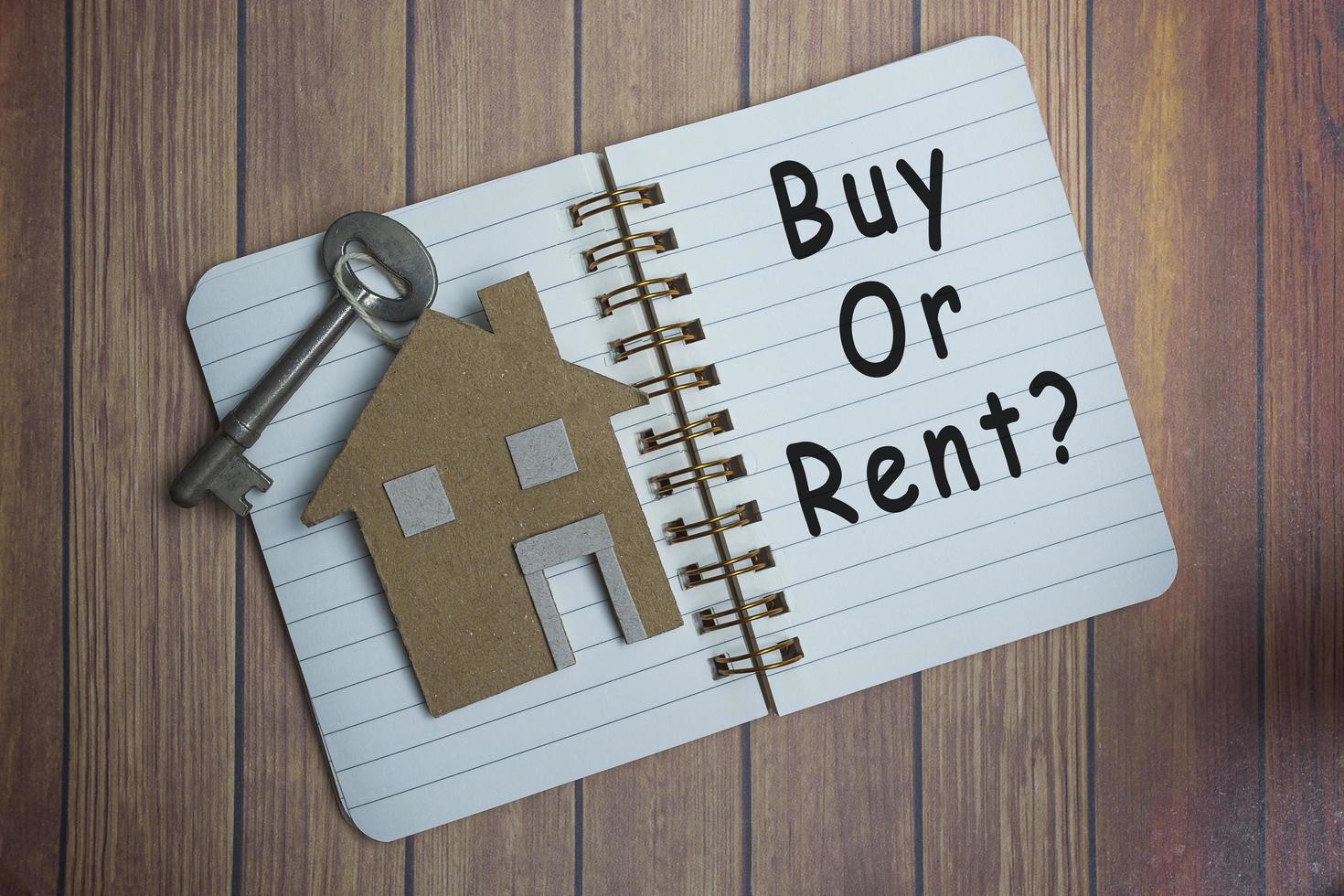 Buy or rent question on a note book with house model and key on wooden desk photo