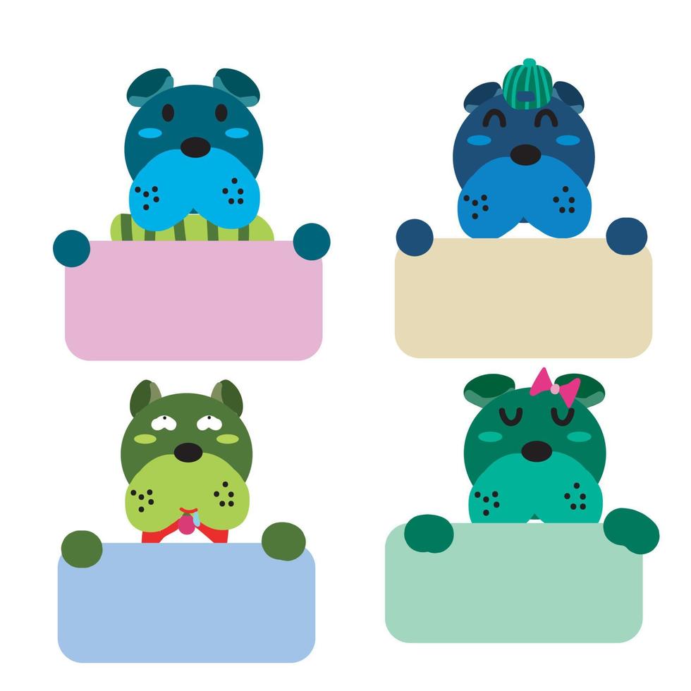 Set of many dog faces  holding blank sheets of paper for writing letters. vector