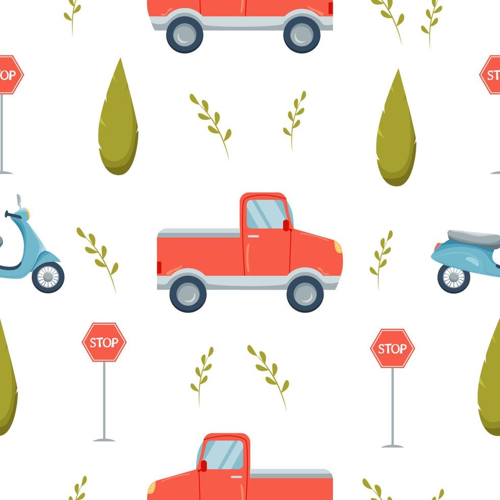 Cute pattern with red car and blue scooter, red trees, on the white background vector