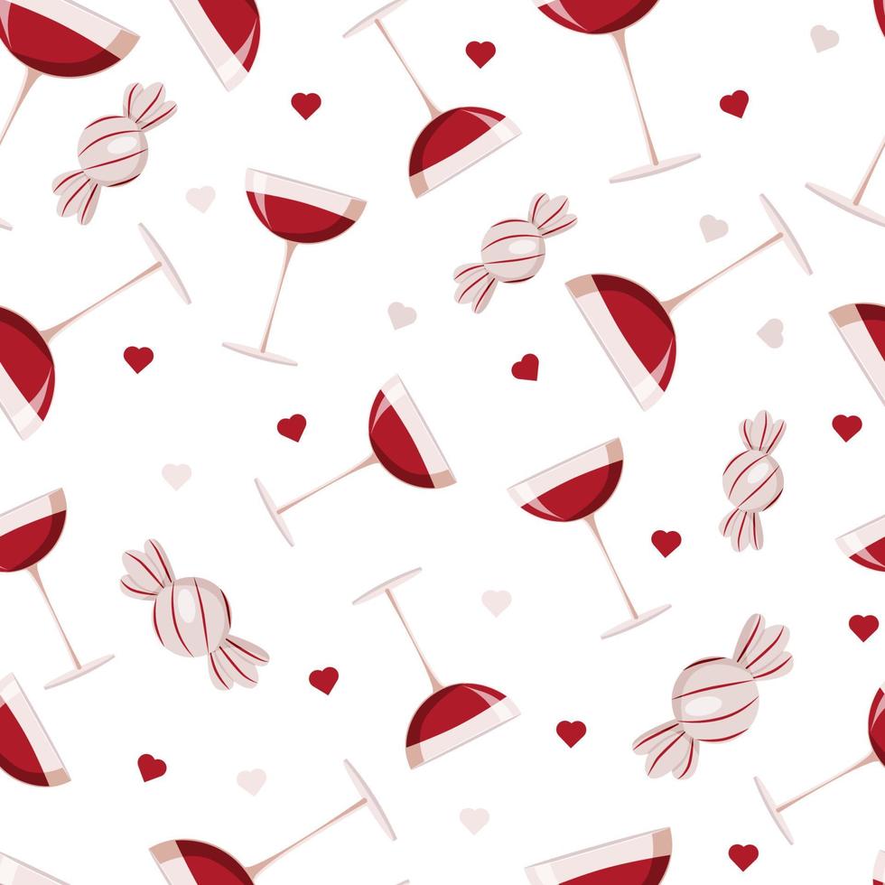 Pattern with glass of wine, candies and hearts vector