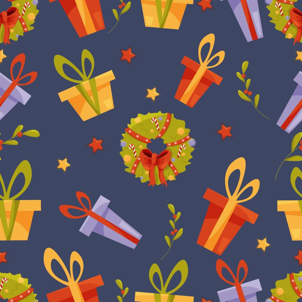 Christmas gift pattern on dark blue bacground vector