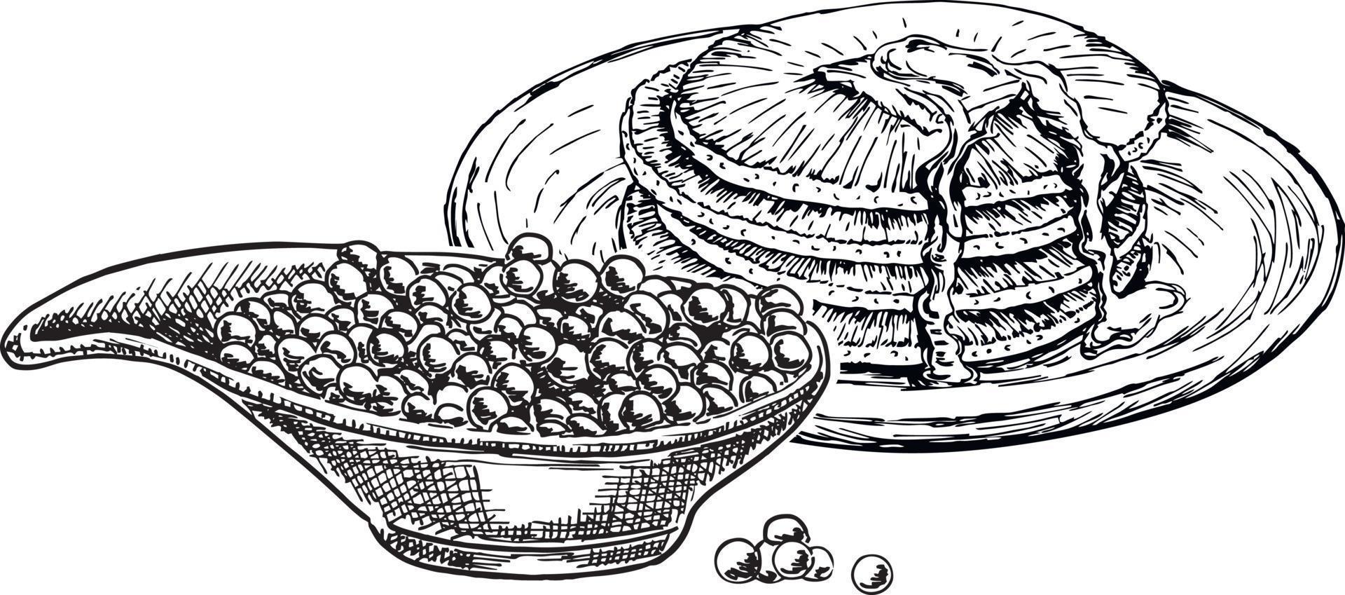 Pancakes with caviar. Russian tradition products. Vector hand drawn sketch illustration. The pancakes put by a pile, a culinary product is a lot of pancakes. Seafood product of red fish and sturgeon.